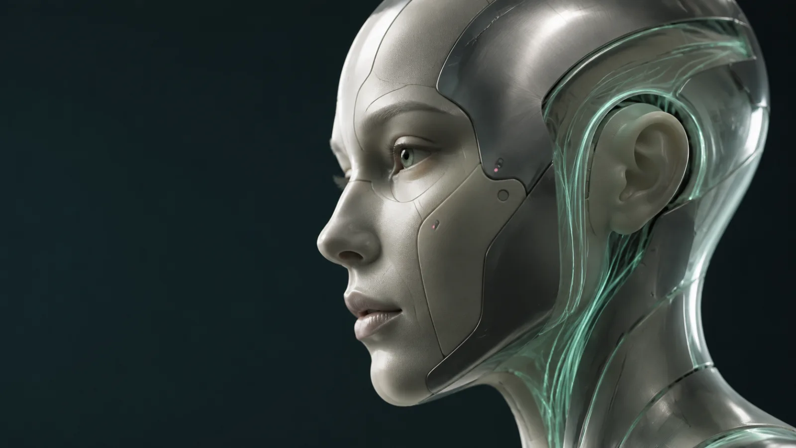 Concept rendering of a titanium humanoid with fine mint-coloured internal fibres