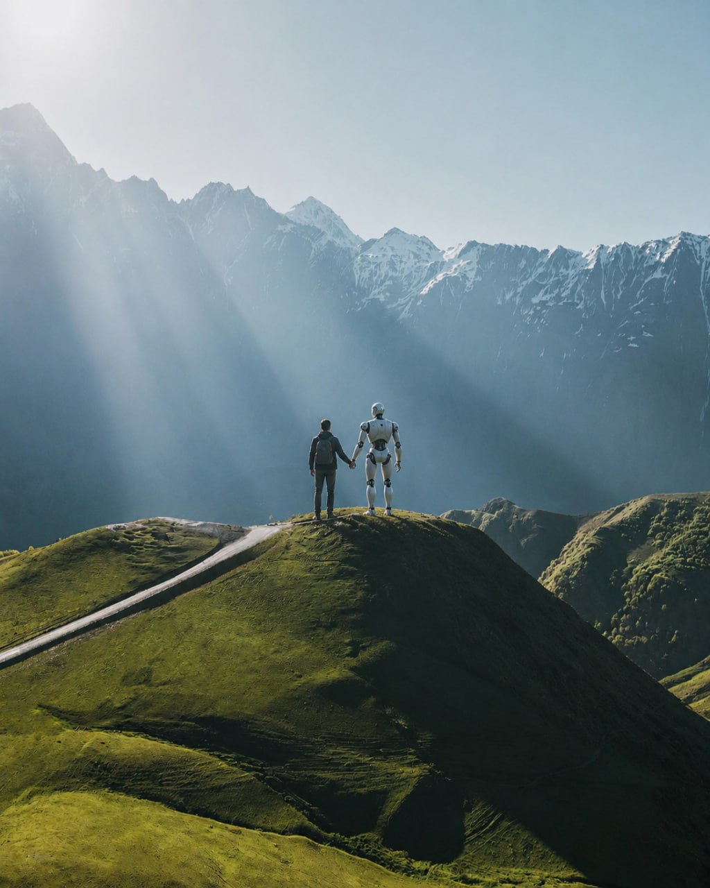 Human and robot standing together on a mountain — IronHeart.AI