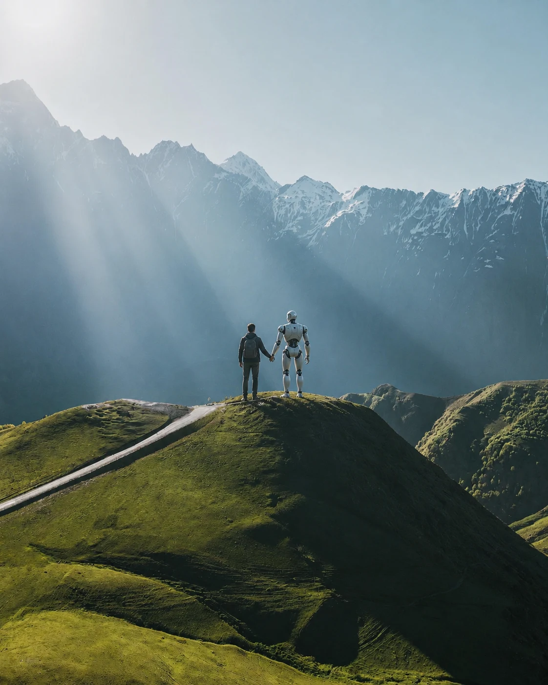 A person and humanoid robot standing together in an alpine landscape